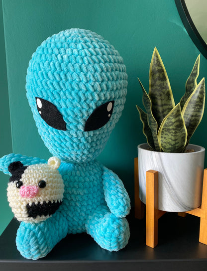 Crochet Alien and Cow plushie set.