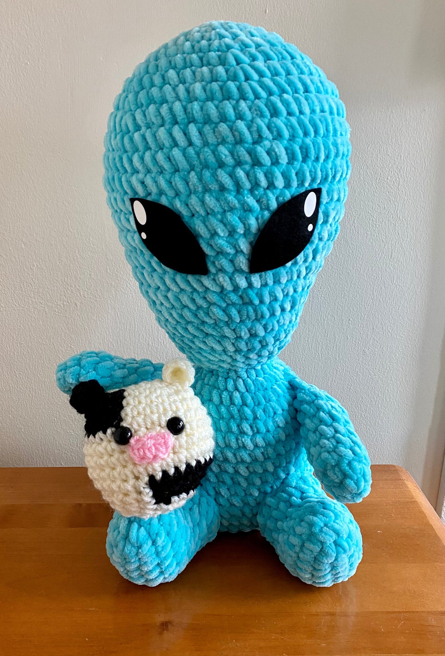 Crochet Alien and Cow plushie set.